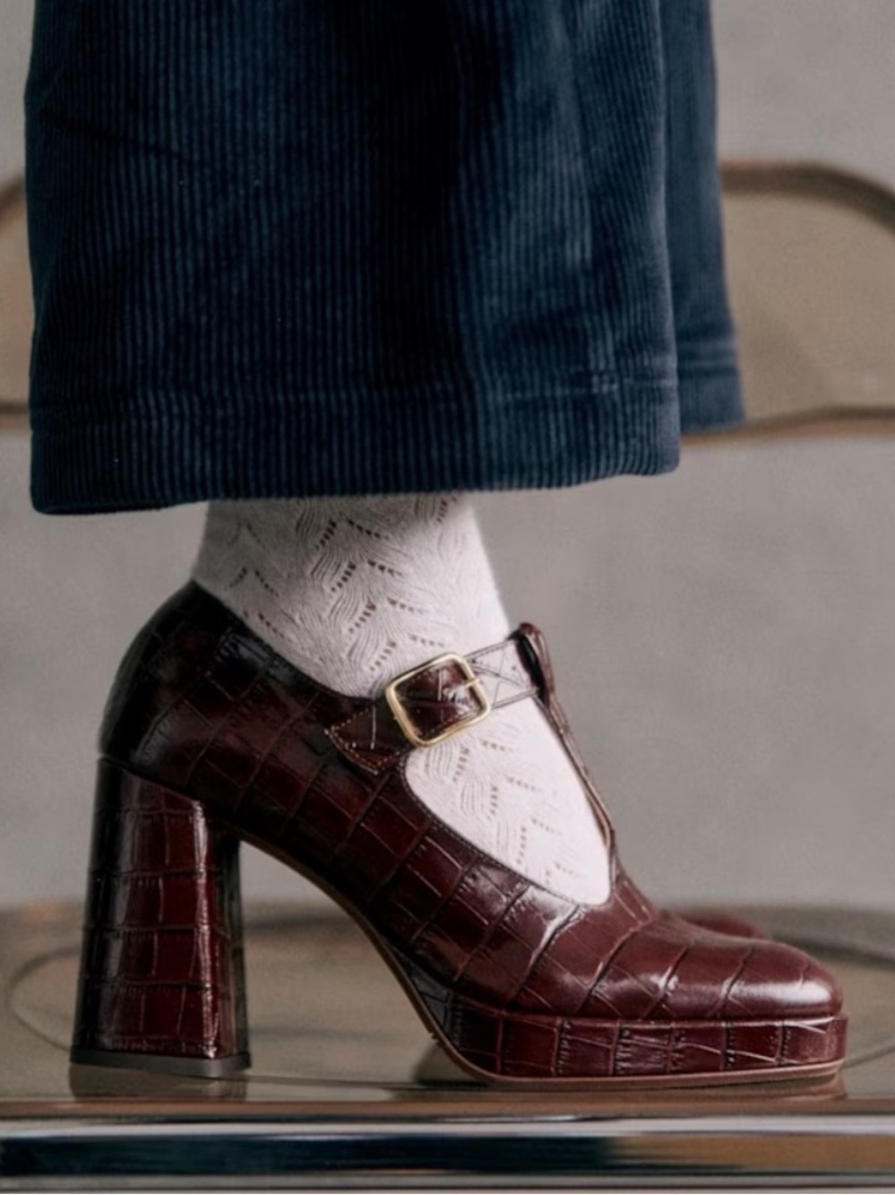 Sézane Monique High Mary Janes in choclate croc leather 6.5